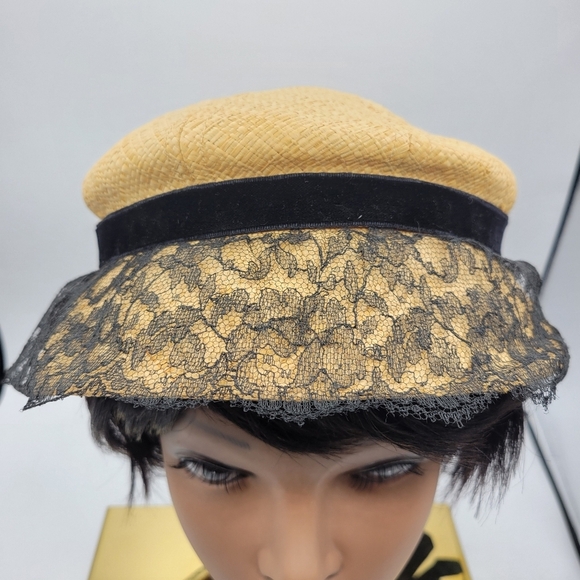 Spring Straw Lace Hat By Saks Fifth Avenue •Elegant Black & Tan Women's Hat - Picture 4 of 6